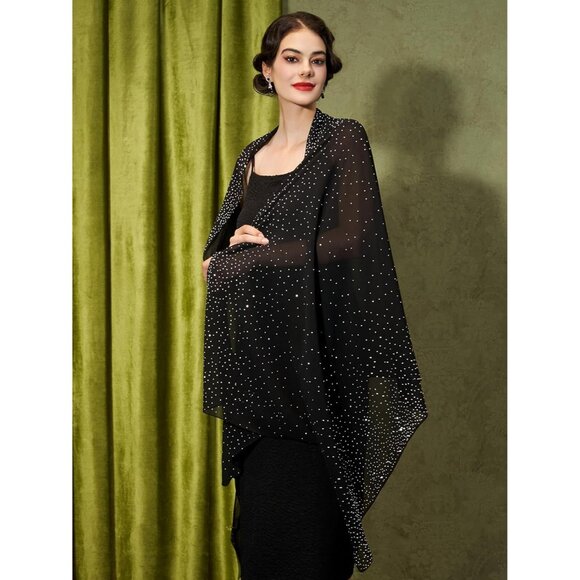 Women Black Sequin Chiffon Shawls and Wraps Formal Rhinestone for Evening Dress - Picture 6 of 6